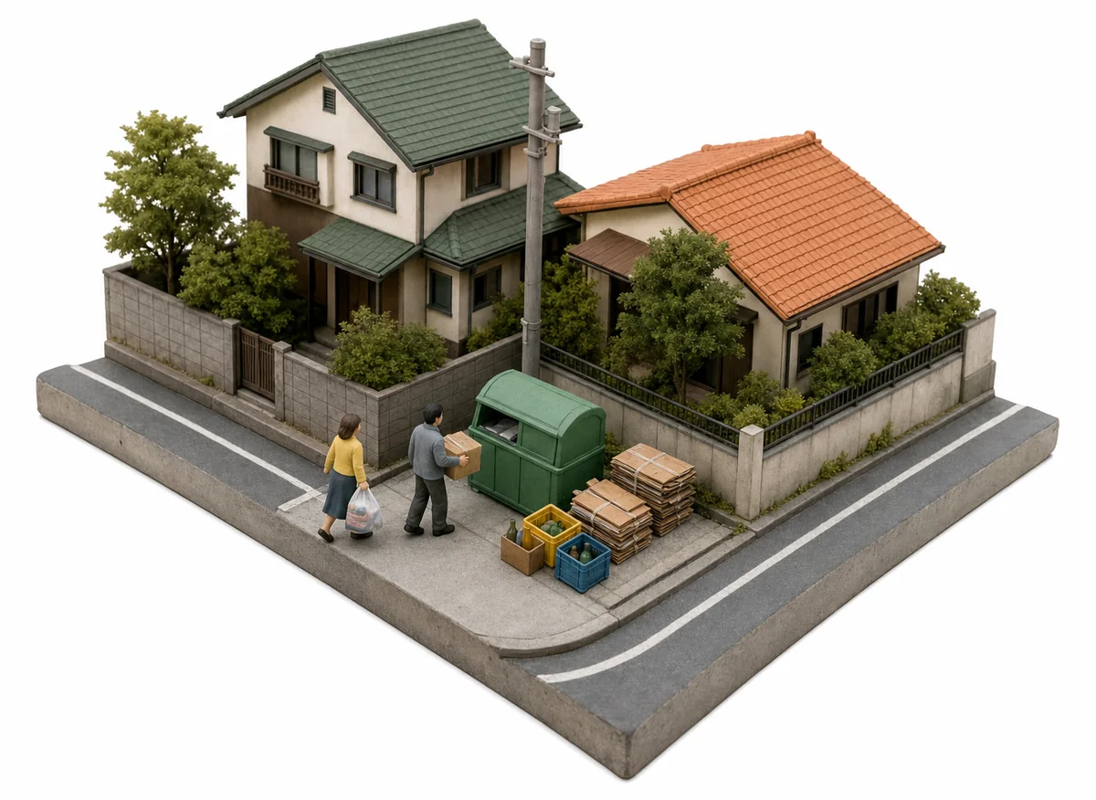 回収場所へ品物を持ち込む様子を描いたミニチュアの街のイラスト